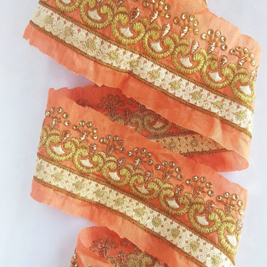 Salmon Pink Art Silk Fabric Trim With Gold Zari Embroidery and Gold Sequins, Trim By The Yard,